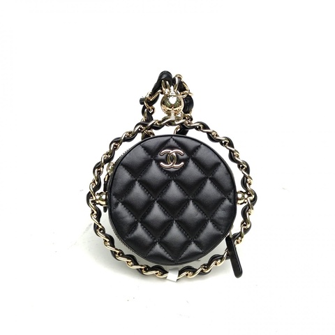 CHANEL CF季節款22早春金球旋轉圓餅包MINI黑色羊皮31開金扣