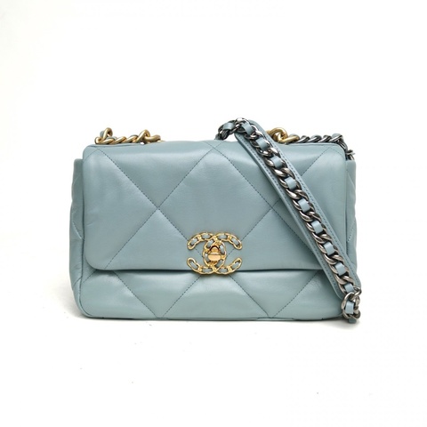 CHANEL 19BAG口蓋包小號藍色羊皮30開金銀扣