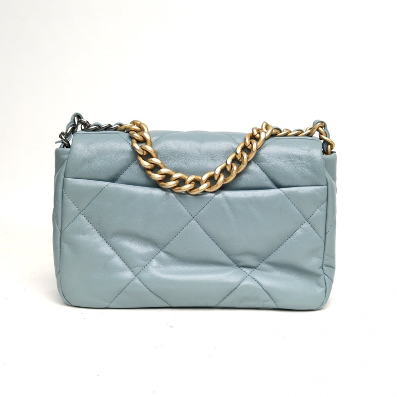 CHANEL 19BAG口蓋包小號藍色羊皮30開金銀扣-2