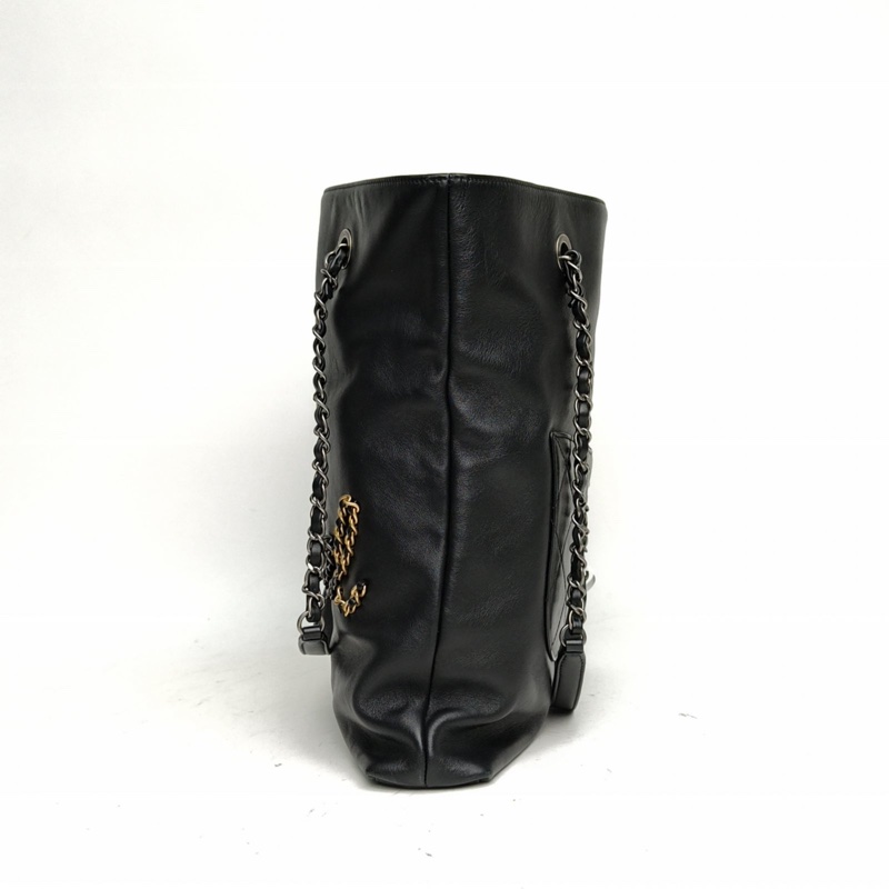 CHANEL 皮穿鏈字母LOGO手提托特包黑色牛皮29開金銀扣-1