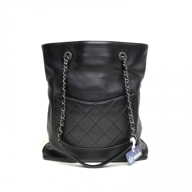 CHANEL 皮穿鏈字母LOGO手提托特包黑色牛皮29開金銀扣-2