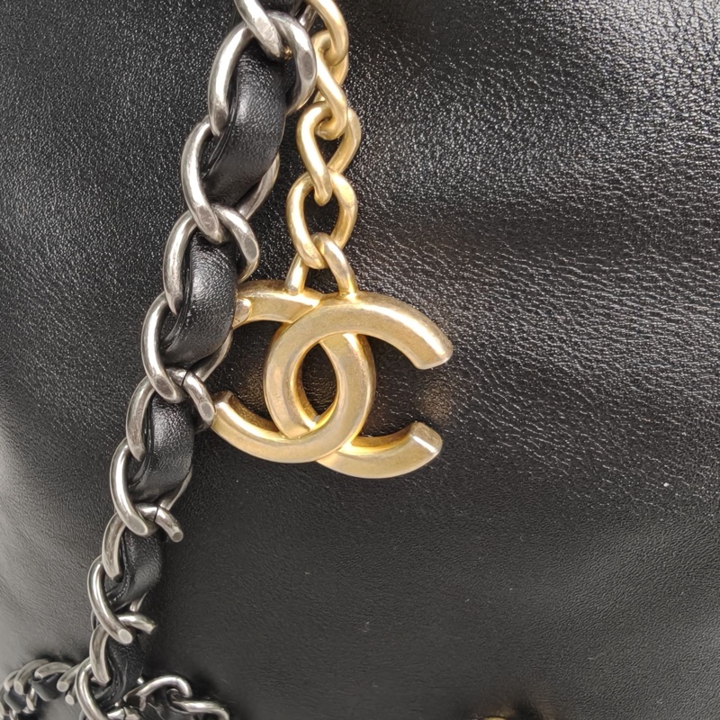 CHANEL 皮穿鏈字母LOGO手提托特包黑色牛皮29開金銀扣-4