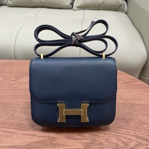 Hermes愛馬仕 康康19 午夜藍金扣 Epsom皮 肩背包