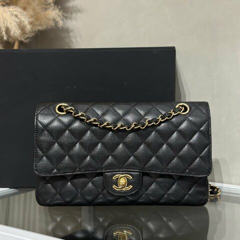 CHANEL 經典口蓋包 CF25 - 粒面牛皮黑金21開