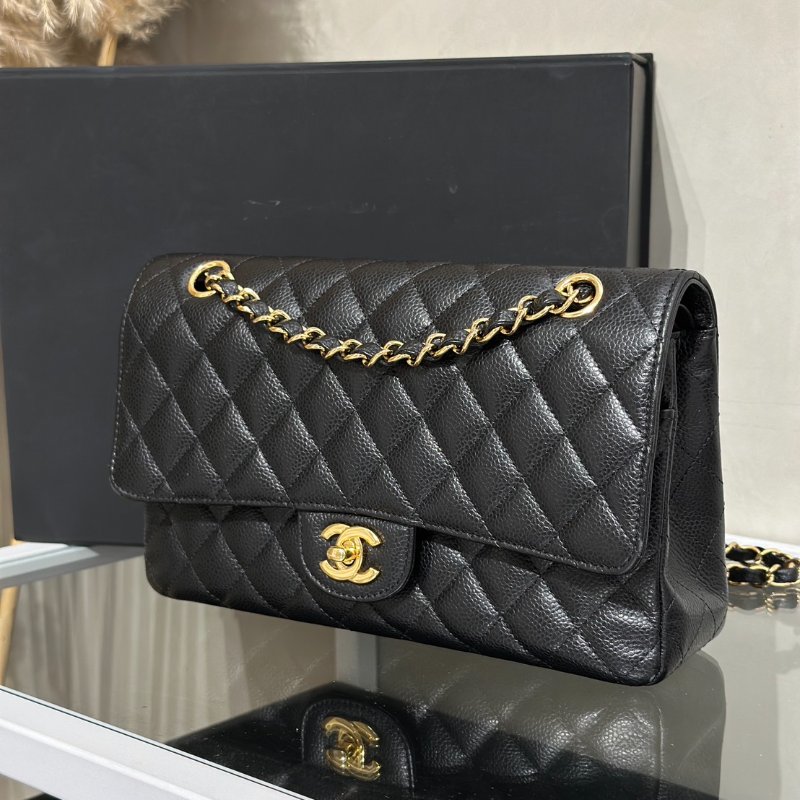 CHANEL 經典口蓋包 CF25 - 粒面牛皮黑金21開-2