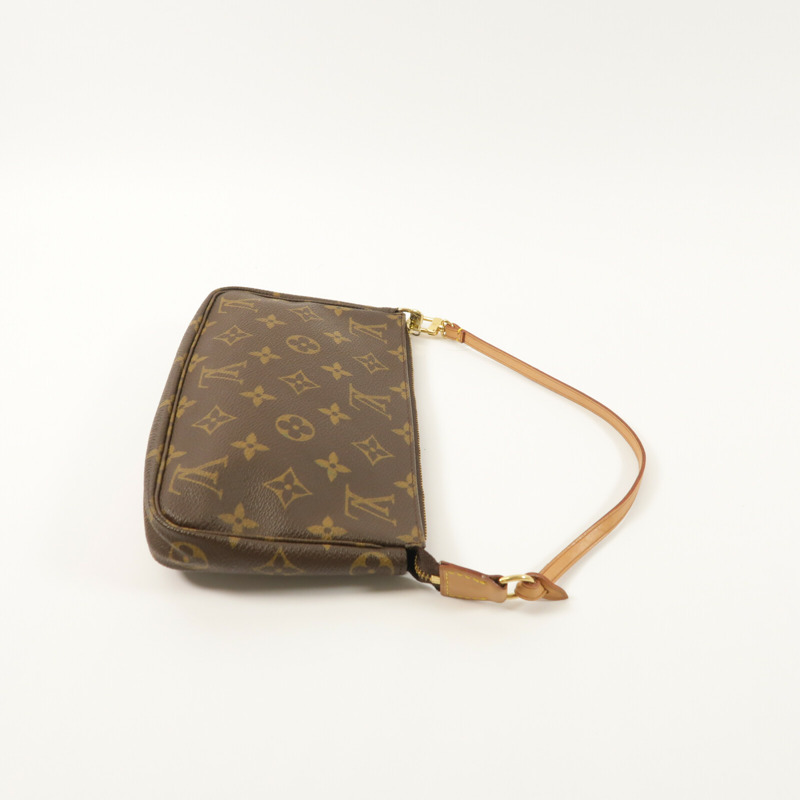 LOUIS VUITTON Monogram Pochette Accessoires金扣手挽袋棕色-8