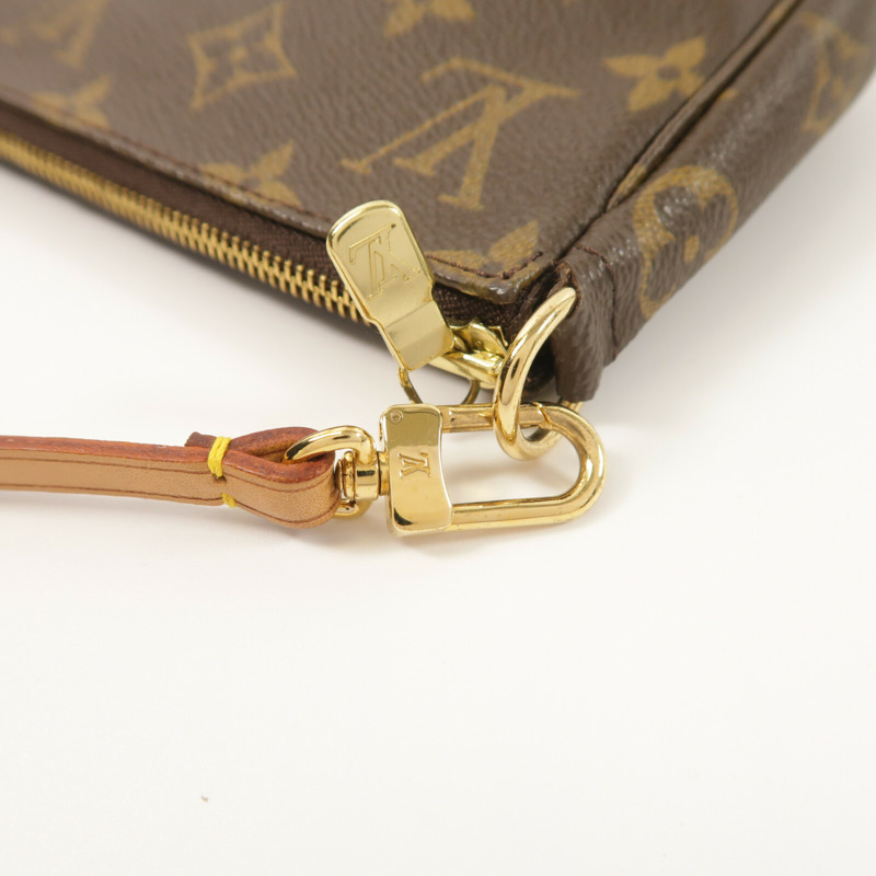 LOUIS VUITTON Monogram Pochette Accessoires金扣手挽袋棕色-10