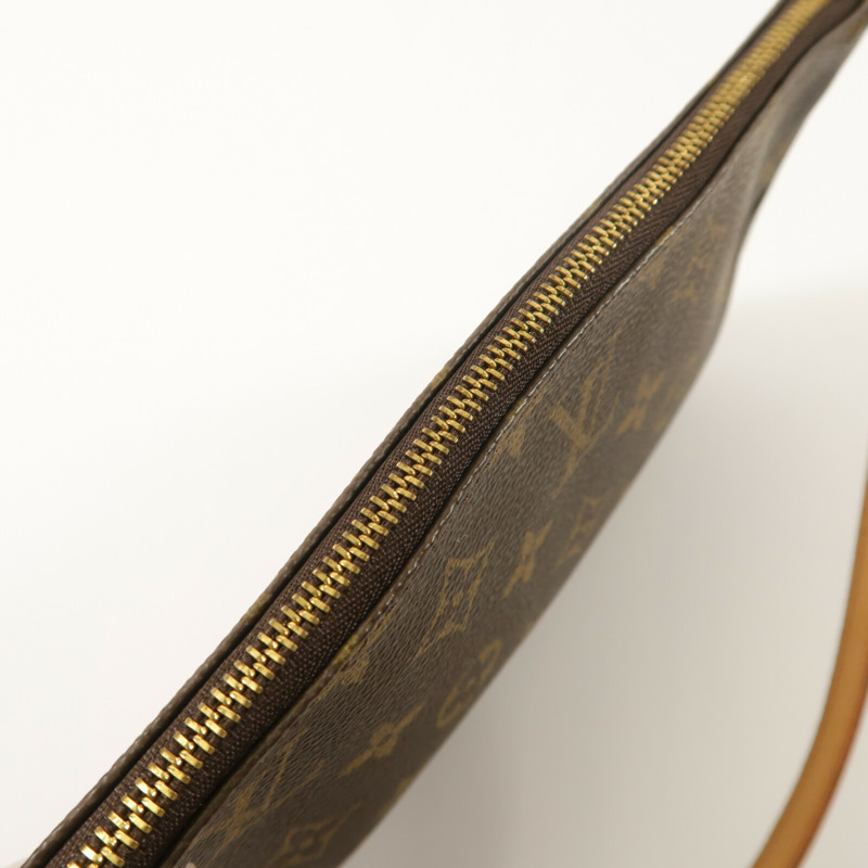 LOUIS VUITTON Monogram Pochette Accessoires金扣手挽袋棕色-11