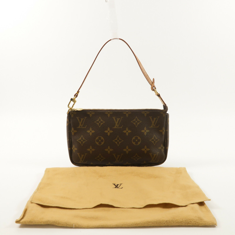LOUIS VUITTON Monogram Pochette Accessoires金扣手挽袋棕色-15