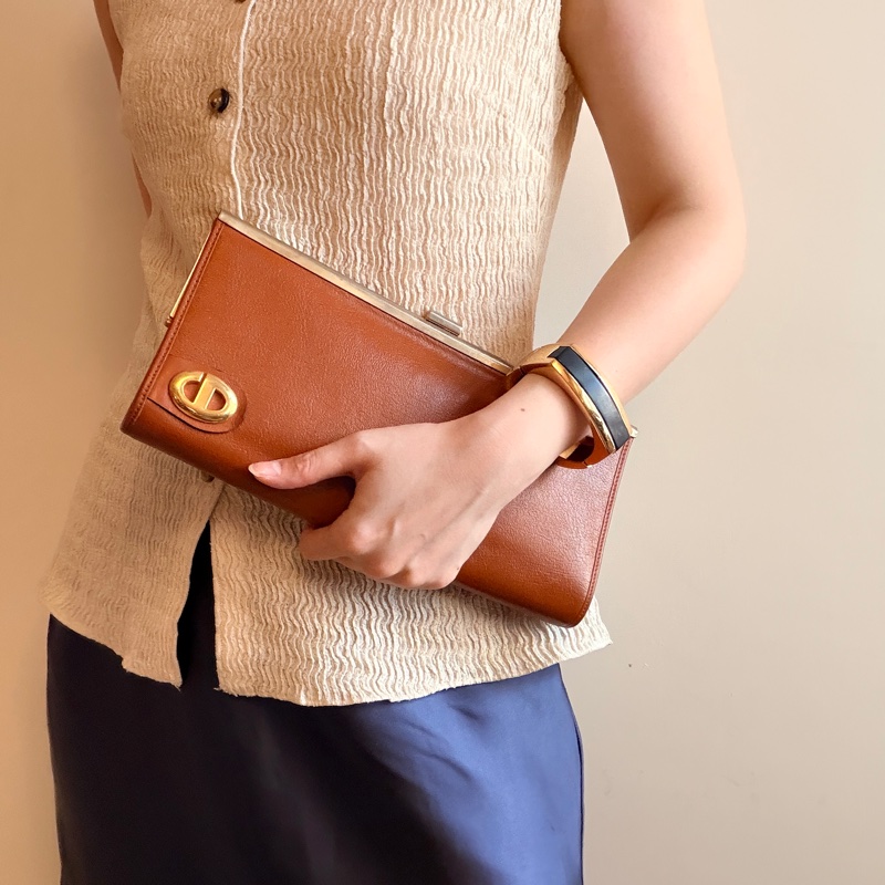 Christian Dior 迪奧真皮棕色手拿包 宴會包 CD logo-0