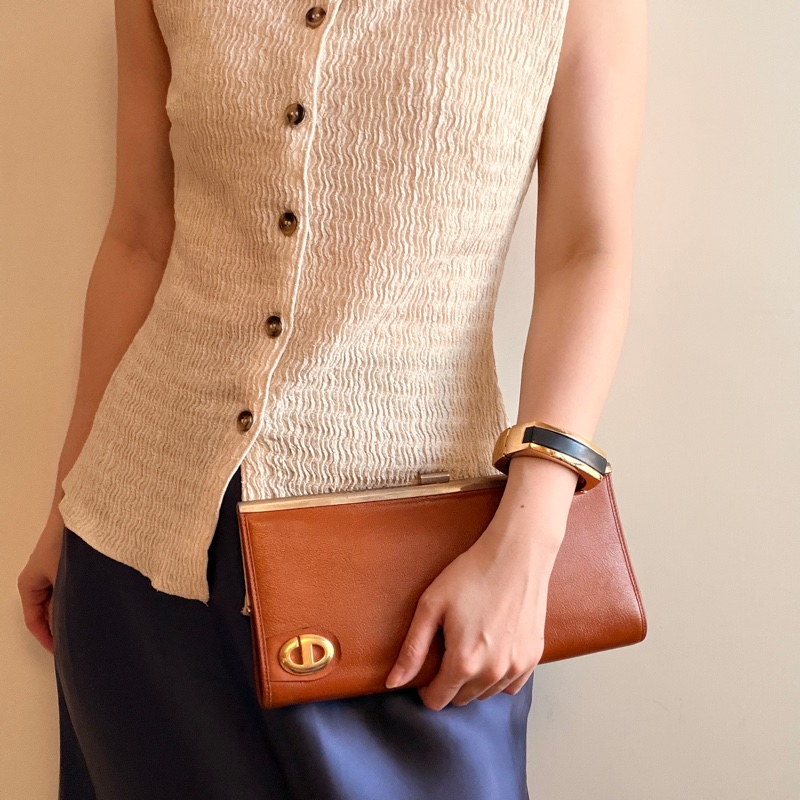 Christian Dior 迪奧真皮棕色手拿包 宴會包 CD logo-1