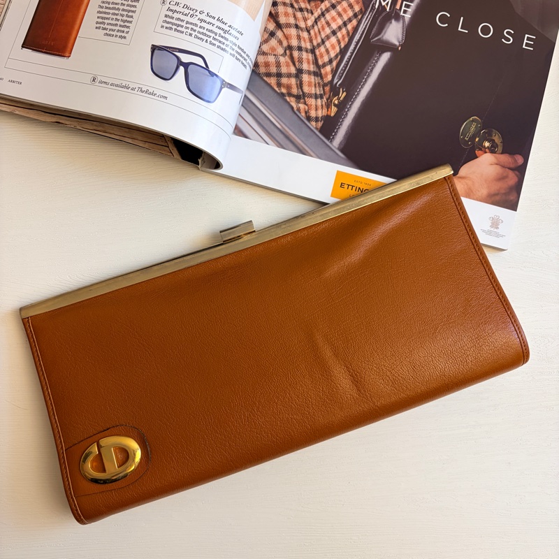 Christian Dior 迪奧真皮棕色手拿包 宴會包 CD logo-2