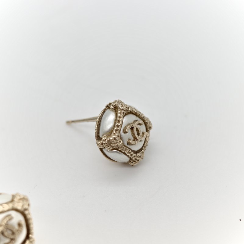 Chanel 香奈兒 CC 香檳金 方框 耳環-2