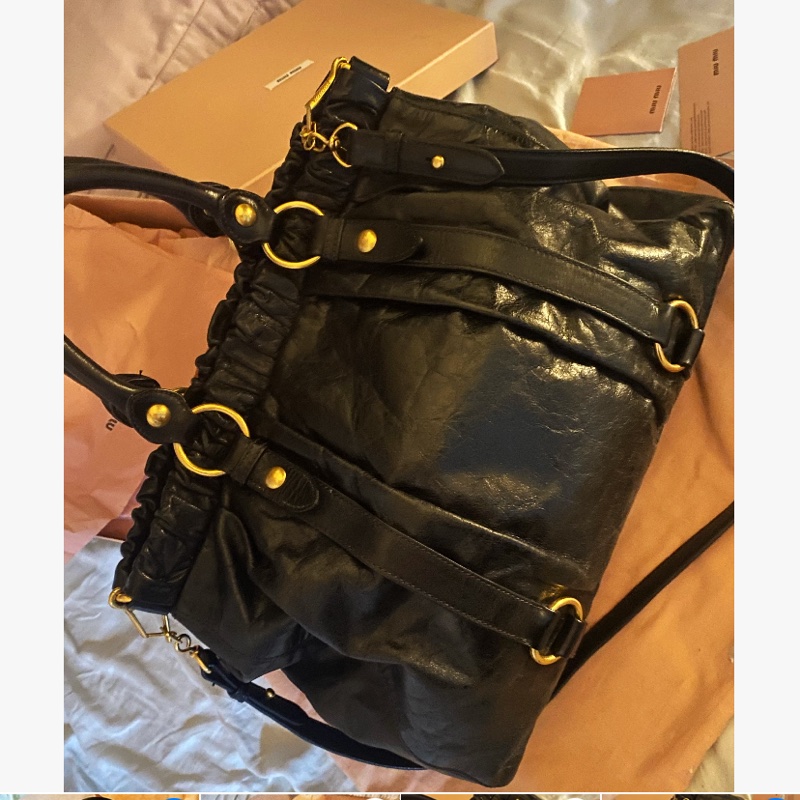 Miumiu黑金油蠟包Vitello Lux 2WAY 手提 肩背 斜背包 機車包 機場包-12