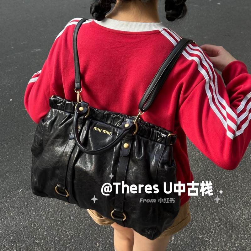 Miumiu黑金油蠟包Vitello Lux 2WAY 手提 肩背 斜背包 機車包 機場包-6