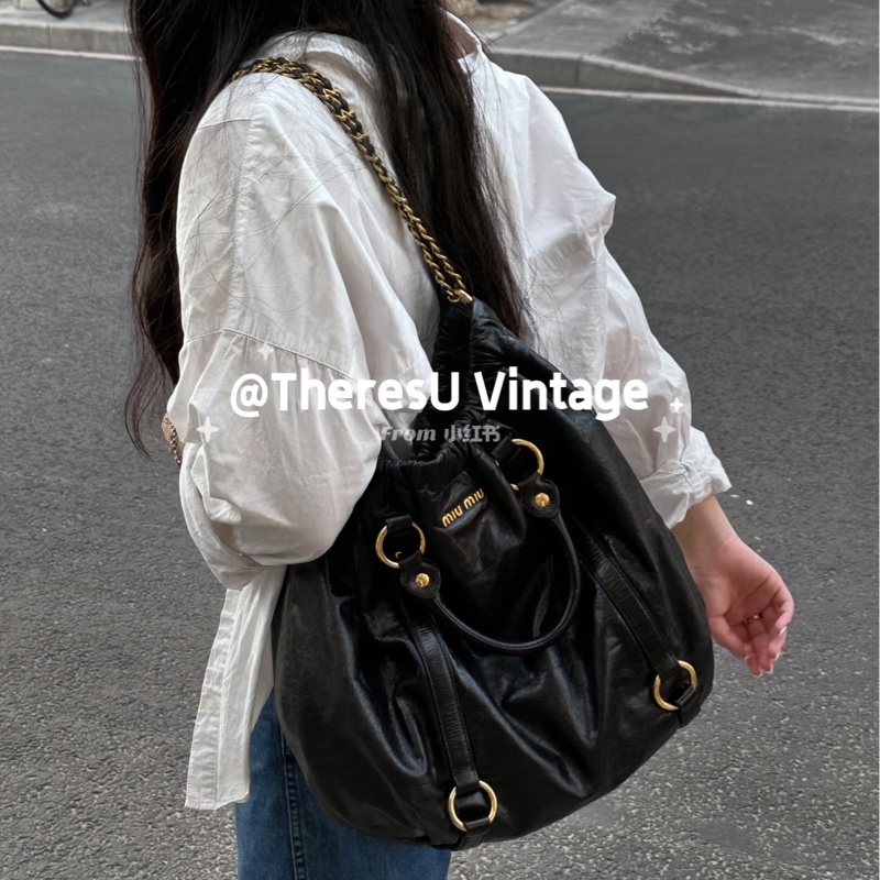 Miumiu黑金油蠟包Vitello Lux 2WAY 手提 肩背 斜背包 機車包 機場包-7