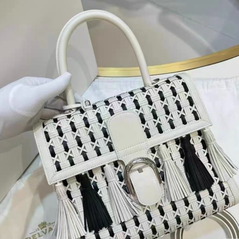 Delvaux brillant中號雙拼 熊貓色編織流蘇包 28.5*23cm 99新配件塵袋 鏡子 肩帶-4