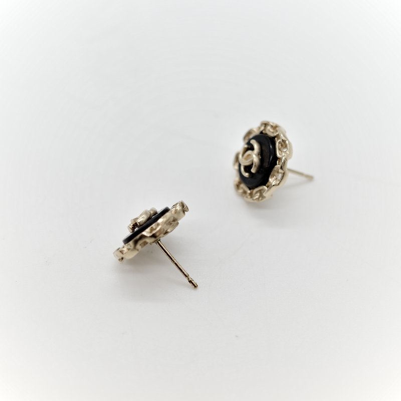 Chanel 香奈兒 淡金色 CC 黑色 耳釘 耳環-2