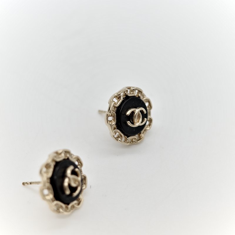 Chanel 香奈兒 淡金色 CC 黑色 耳釘 耳環-5