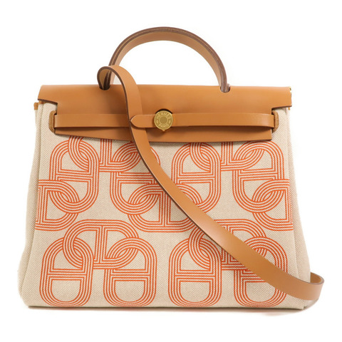 HERMES 帆布Herbag PM手挽肩背兩用袋Orange Mecano/Beige