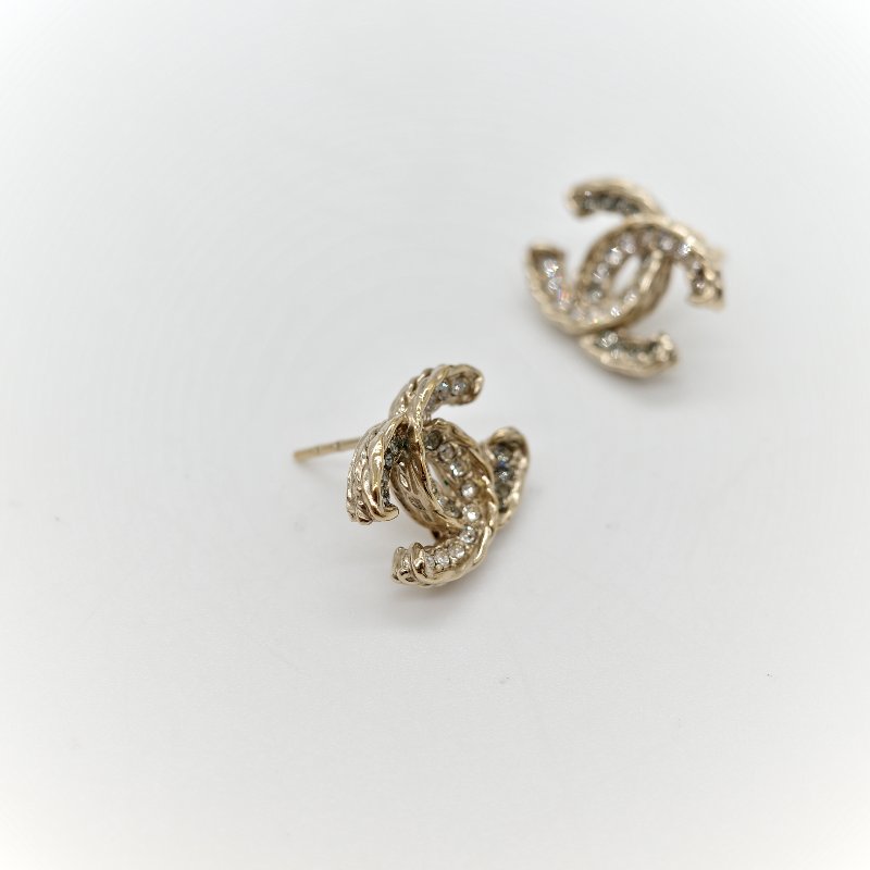 Chanel 香奈兒 水鑽 CC 淡金色 耳釘 耳環-3