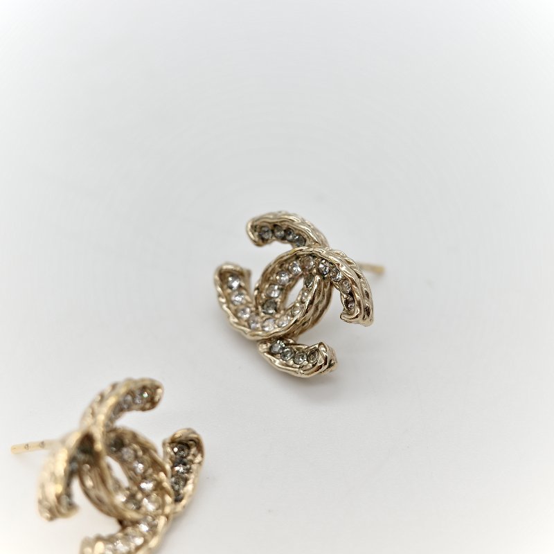 Chanel 香奈兒 水鑽 CC 淡金色 耳釘 耳環-4