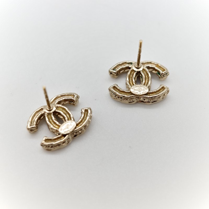 Chanel 香奈兒 水鑽 CC 淡金色 耳釘 耳環-7