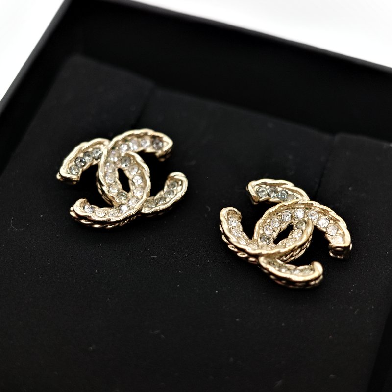 Chanel 香奈兒 水鑽 CC 淡金色 耳釘 耳環-8