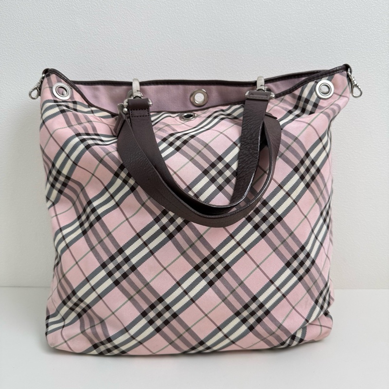 Burberry/博柏利 粉色格紋帆布單肩包 銀扣 附件:兩條可拆卸肩帶-0
