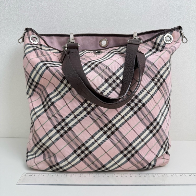 Burberry/博柏利 粉色格紋帆布單肩包 銀扣 附件:兩條可拆卸肩帶-1