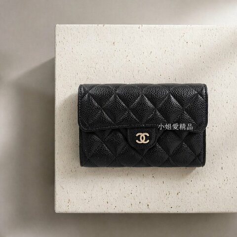 CHANEL - 黑色金釦荔枝皮三折中夾