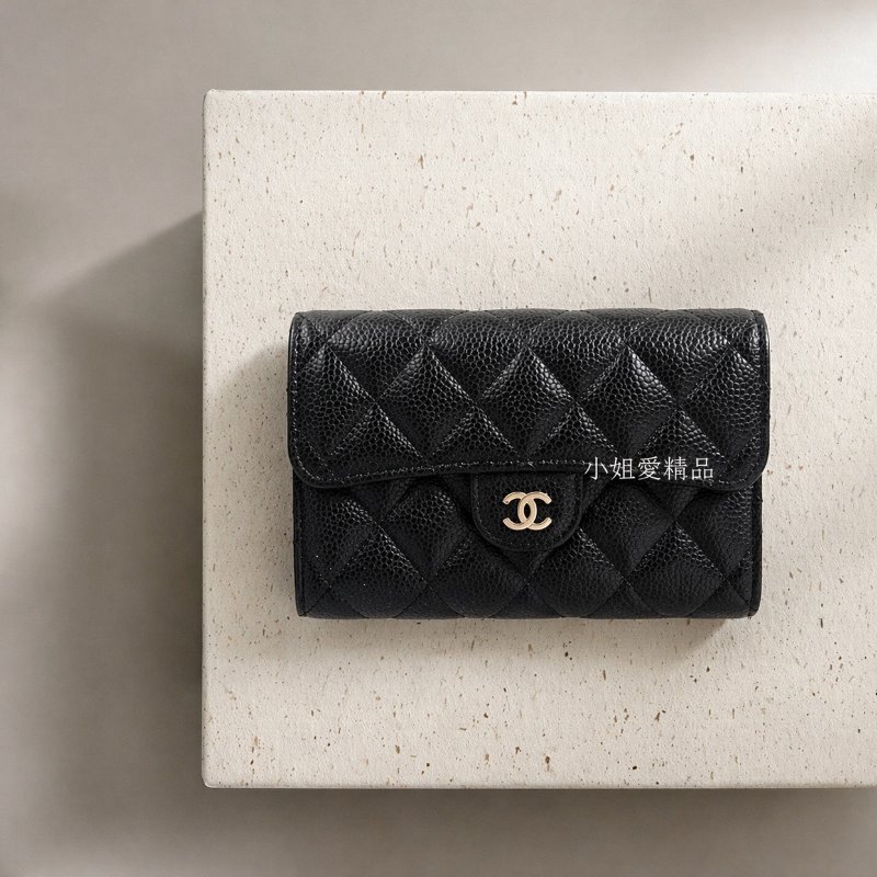 CHANEL - 黑色金釦荔枝皮三折中夾-0