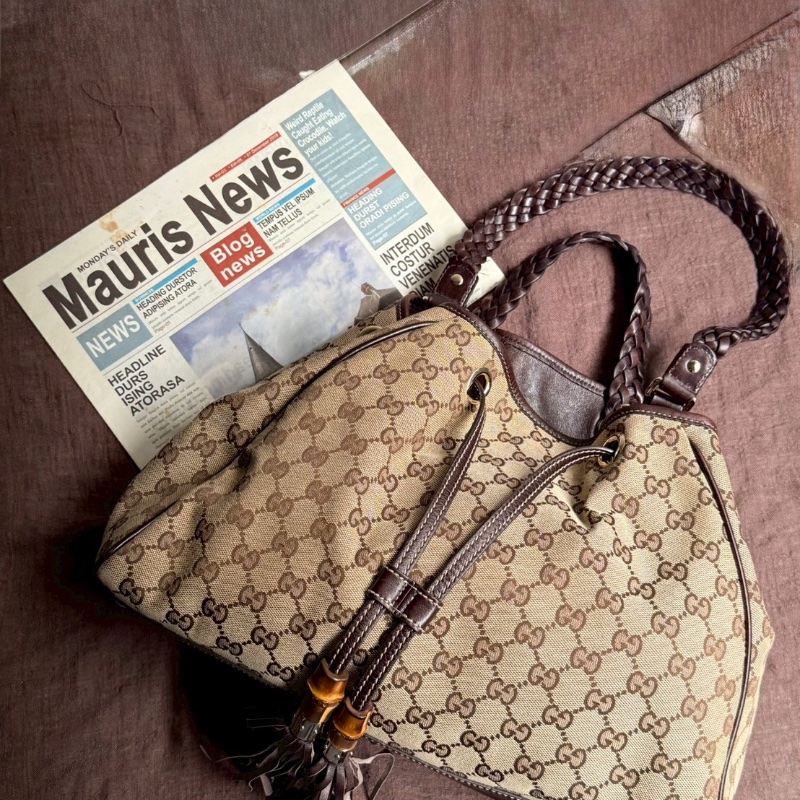 GUCCI GG緹花帆布竹節流蘇編織包-6