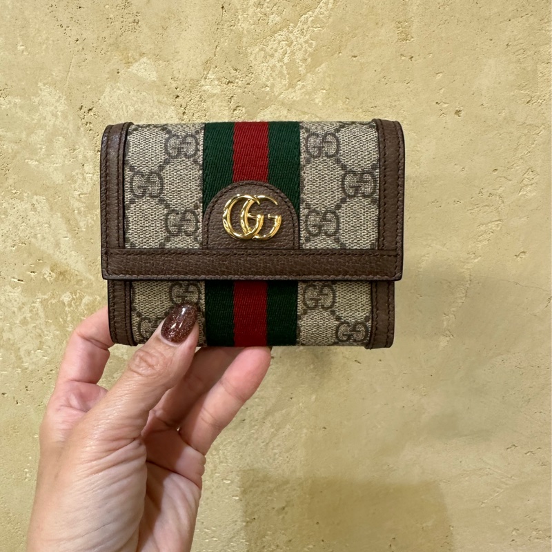 Gucci PVC咖牛皮金釦Ophidia三折6卡短夾-0