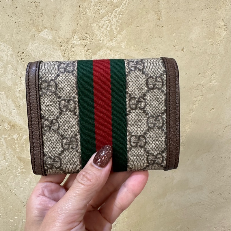 Gucci PVC咖牛皮金釦Ophidia三折6卡短夾-1