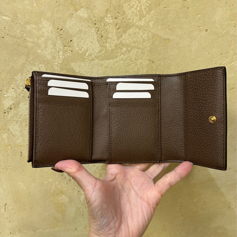 Gucci PVC咖牛皮金釦Ophidia三折6卡短夾-4