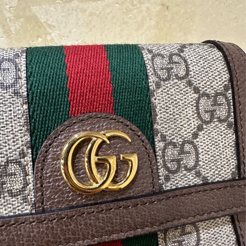 Gucci PVC咖牛皮金釦Ophidia三折6卡短夾-7