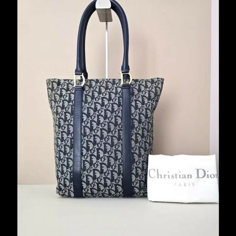 【LA LUNE】絕版中古包 Dior藍灰色老花托特包 單肩包 側背包 古董包 復古包