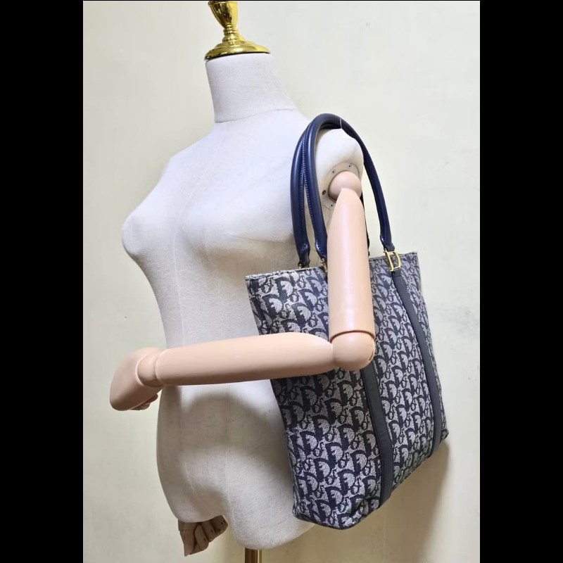 【LA LUNE】絕版中古包 Dior藍灰色老花托特包 單肩包 側背包 古董包 復古包-5