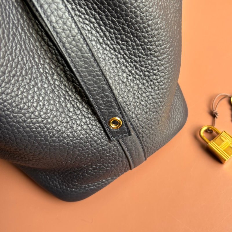 ::HERMES::U刻 PICOTIN 18海軍藍 深藍色 牛皮金釦手提包 菜籃子-1