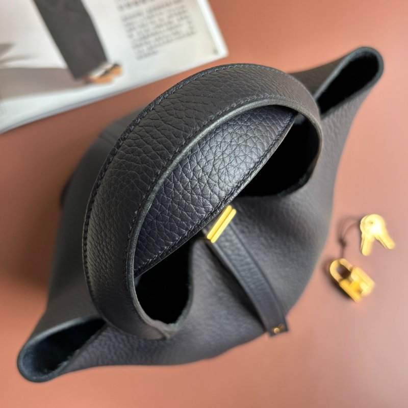 ::HERMES::U刻 PICOTIN 18海軍藍 深藍色 牛皮金釦手提包 菜籃子-3