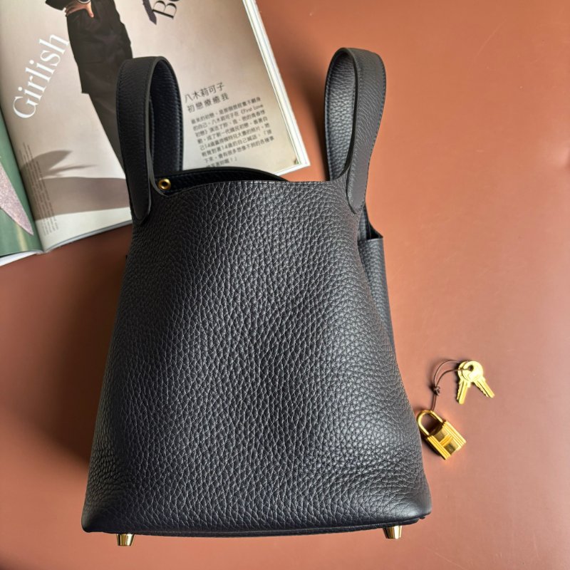 ::HERMES::U刻 PICOTIN 18海軍藍 深藍色 牛皮金釦手提包 菜籃子-5