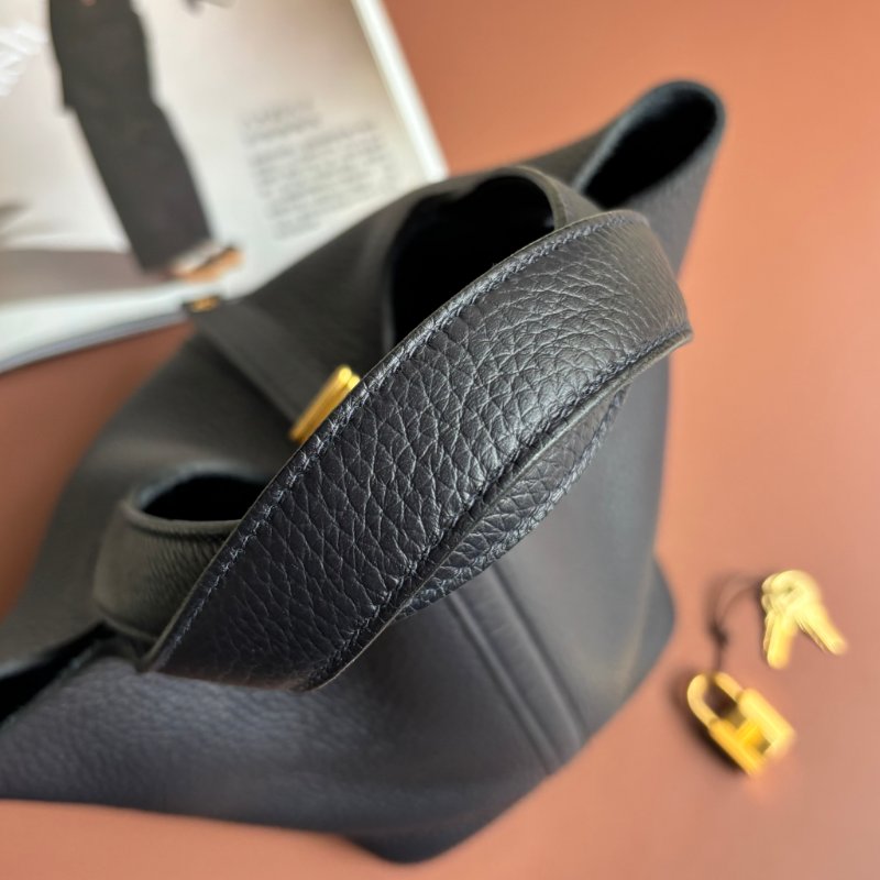 ::HERMES::U刻 PICOTIN 18海軍藍 深藍色 牛皮金釦手提包 菜籃子-7