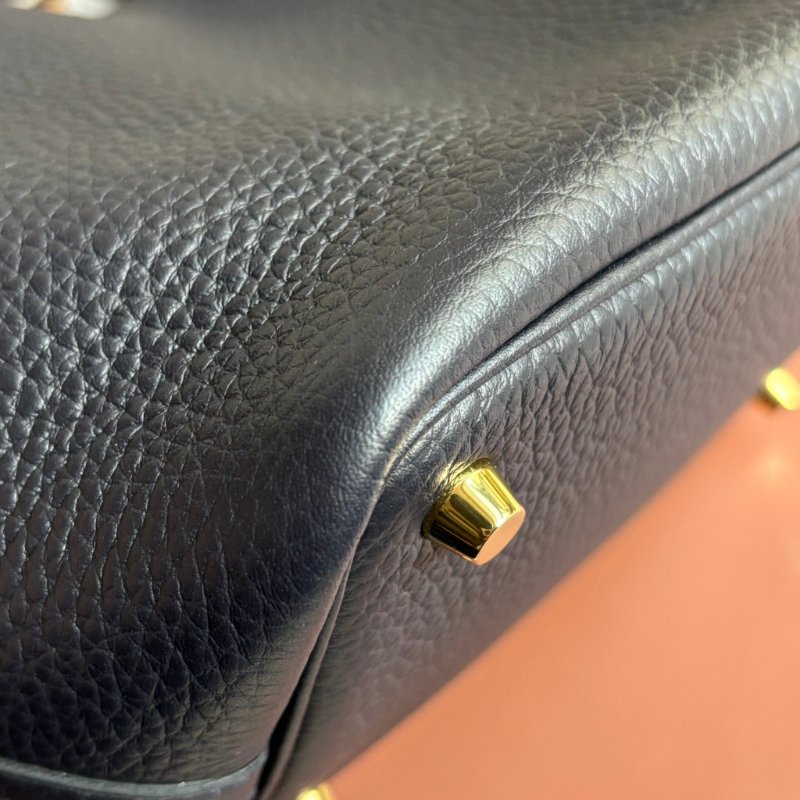 ::HERMES::U刻 PICOTIN 18海軍藍 深藍色 牛皮金釦手提包 菜籃子-10