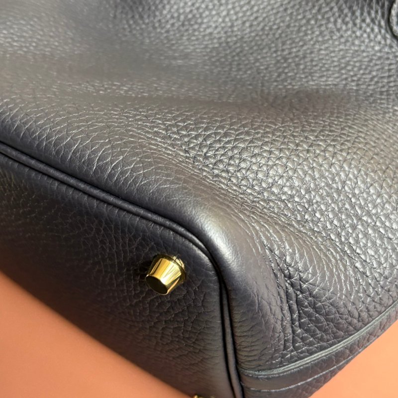 ::HERMES::U刻 PICOTIN 18海軍藍 深藍色 牛皮金釦手提包 菜籃子-11