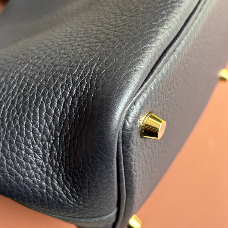 ::HERMES::U刻 PICOTIN 18海軍藍 深藍色 牛皮金釦手提包 菜籃子-12