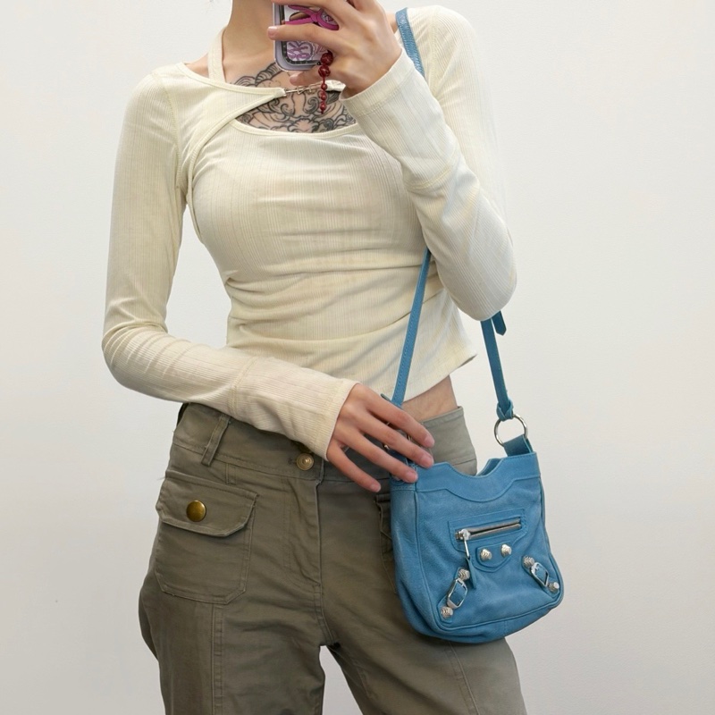 「JL精品代購」巴黎世家Balenciaga油蠟皮霧霾藍銀扣mini斜挎機車包-2