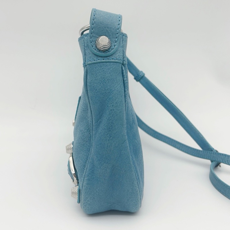 「JL精品代購」巴黎世家Balenciaga油蠟皮霧霾藍銀扣mini斜挎機車包-5