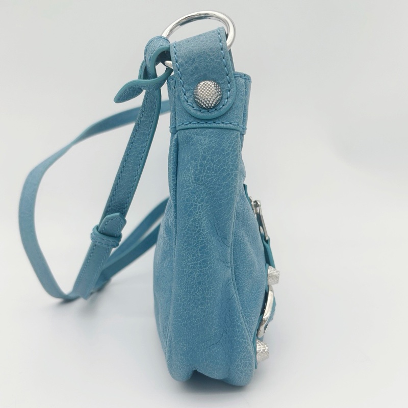 「JL精品代購」巴黎世家Balenciaga油蠟皮霧霾藍銀扣mini斜挎機車包-6