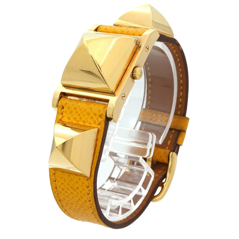 愛馬仕 Medor 女士腕錶，金字塔設計，金色鉚釘，白色和黃色皮革錶帶，石英機芯。-2